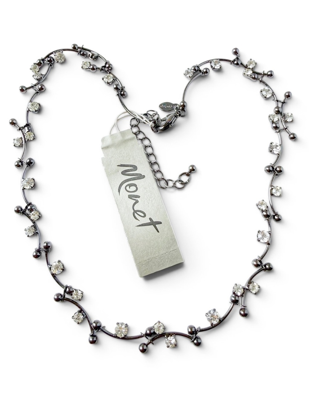 Vintage Y2K Monet Curved Bar Link Vine Clear Rhinestone Collar Necklace Gunmetal